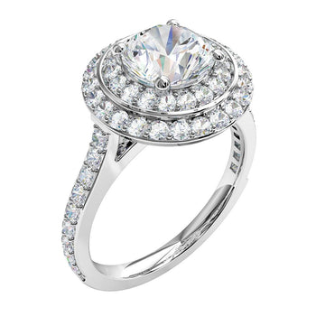A platinum or white gold round brilliant cut diamond double halo engagement ring  with a shared claw diamond band
