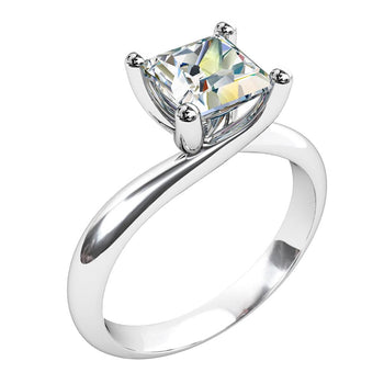 A platinum or white gold princess cut diamond solitaire engagement ring with a twist band