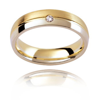 A yellow and white gold men's diamond classic two tone wedding ring set with a round brilliant cut diamond